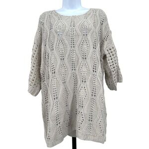 Women's 1XL Light Oatmeal Beige Open Knit Sweater Crocheted Elbow Length Sleeves